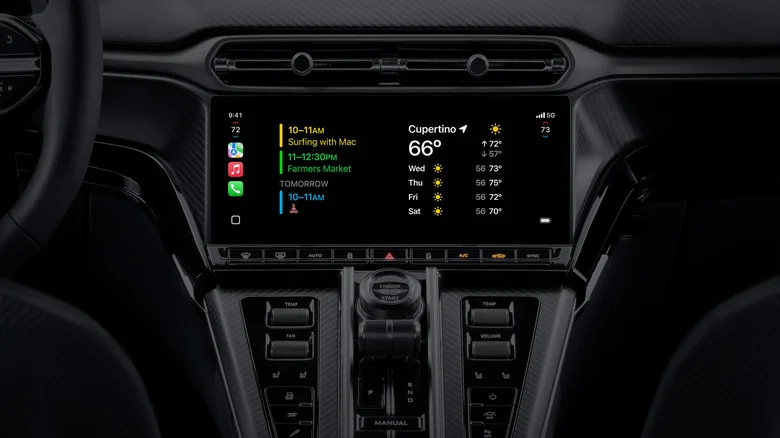 A CarPlay dashboard shows calendar alerts and weather widgets beside other app icons on the left.