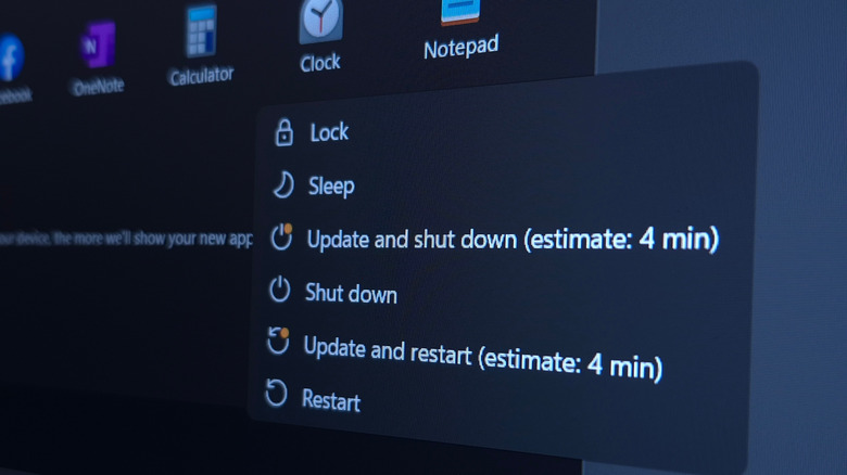 Windows shutdown and sleep options, including update prompts.