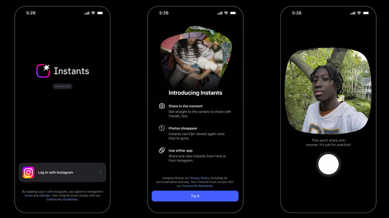 Screenshots of Instagram's new Instants app for sharing candid photos.