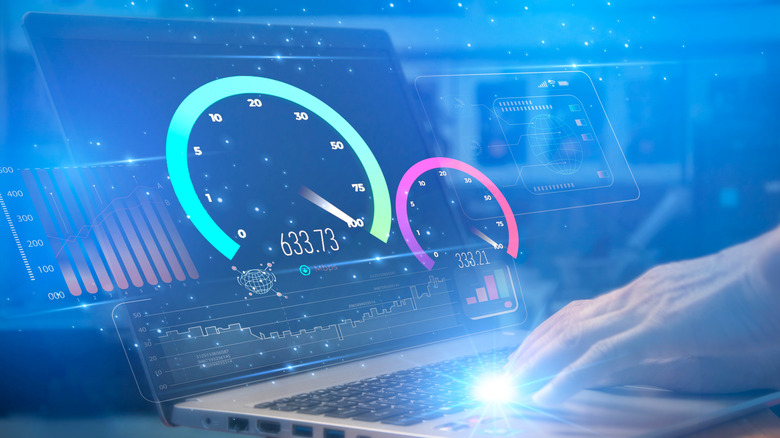 A digital graphic overlaying a laptop screen showing internet speed tests.