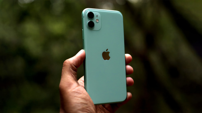 A hand holding a green iPhone 11.