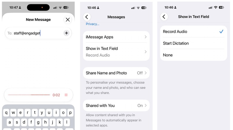 Three screen shots show the problem and solution in Messages Settings.