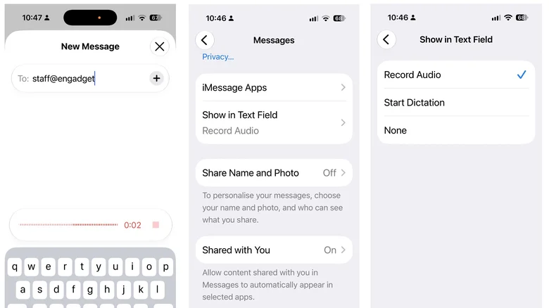 Three screen shots show the problem and solution in Messages Settings.