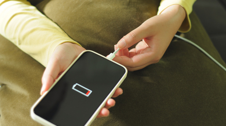 A person plugging a charging cable into an iPhone.