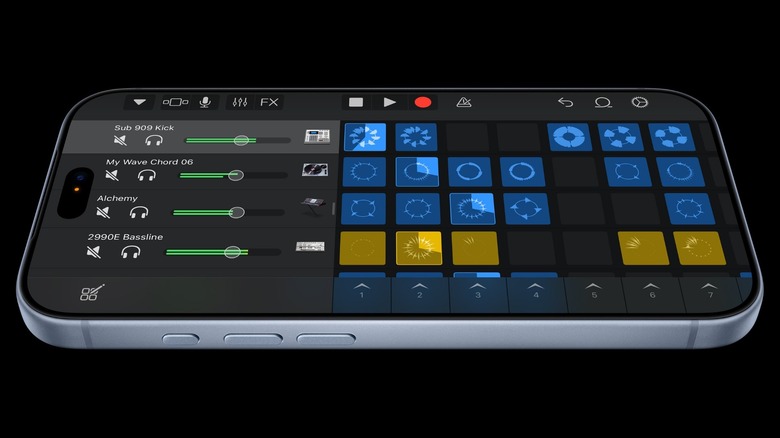 A blue iPhone 18 Pro Max with Garageband on the screen.