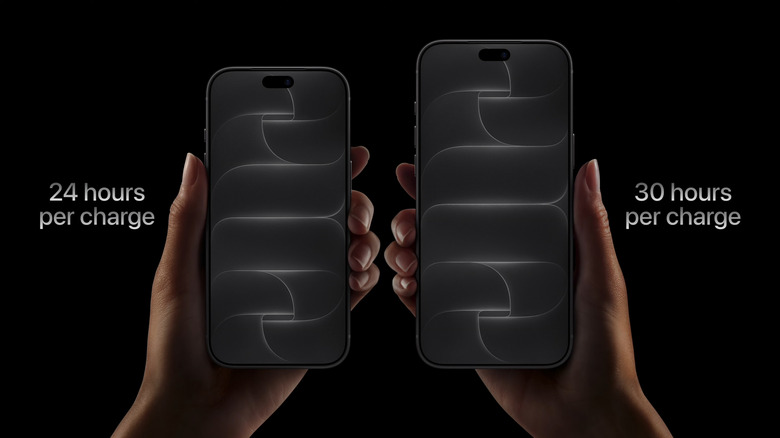 Left: A hand holding the iPhone 18 Pro, with text "24 hours per charge." Right: A hand holding the iPhone 18 Pro Max, with text "30 hours per charge".