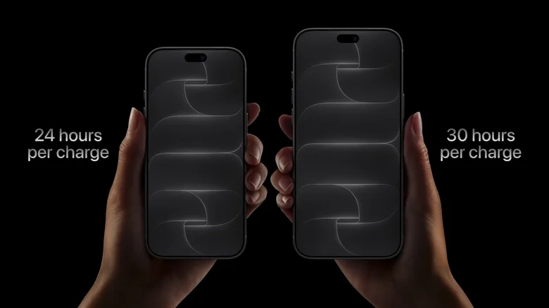 Left: A hand holding the iPhone 18 Pro, with text "24 hours per charge." Right: A hand holding the iPhone 18 Pro Max, with text "30 hours per charge".