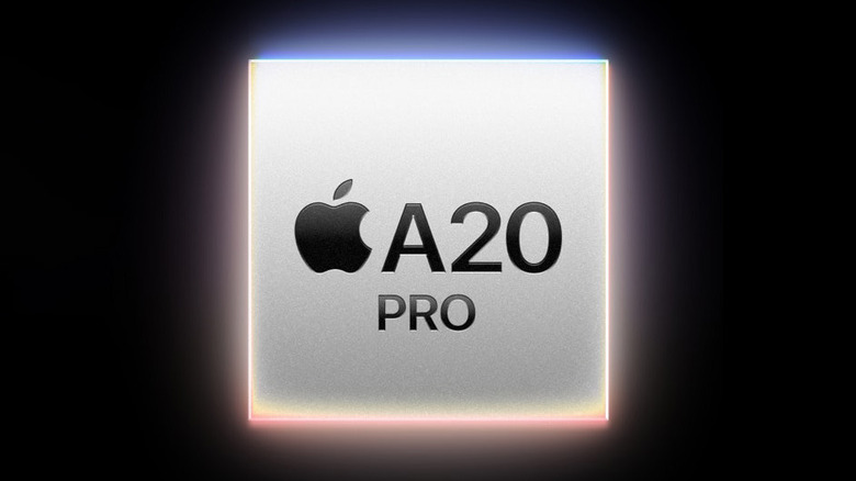 A mobile silicon chip with the Apple logo and "A20 Pro" on it.