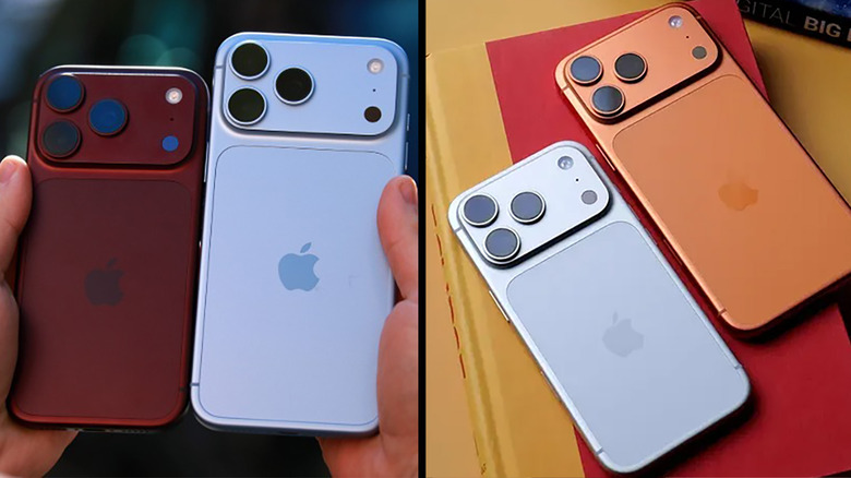 Left: The iPhone 18 Pro and 18 Pro Max. Right: iPhone 17 Pro in two colors.