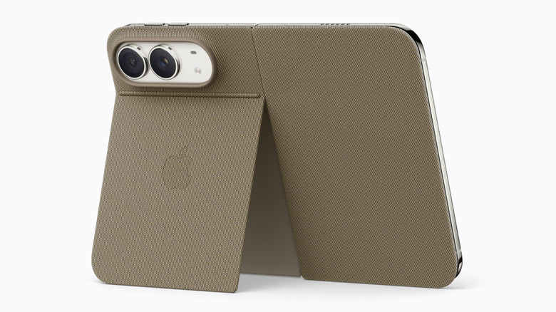 A taupe-colored Apple case for the iPhone Duo with the device raised by the kickstand.
