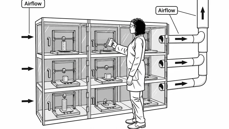 Black-and-white illustration of six 3D printers inside a ventilated enclosure, with airflow arrows, exhaust ducts and a person standing in front.
