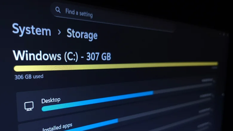 Windows System Storage settings showing the 307 GB C: drive almost full, with 306 GB used.