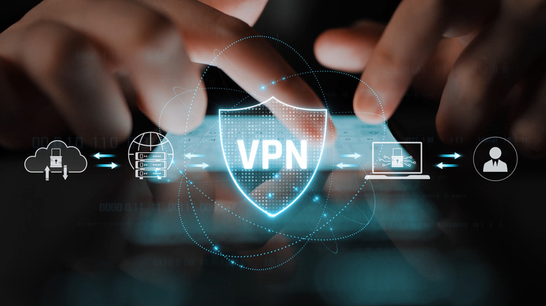 Close-up of a person using a smartphone with a VPN shield graphic and encrypted network connection icons.