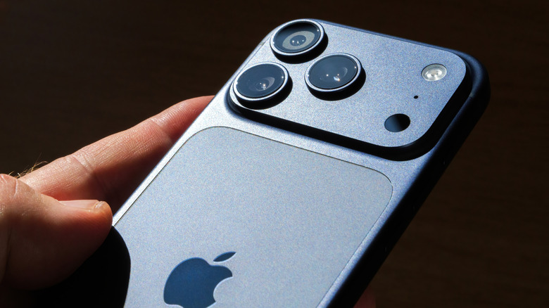 暗い背景に平らな iPhone の背面を手で持っています。