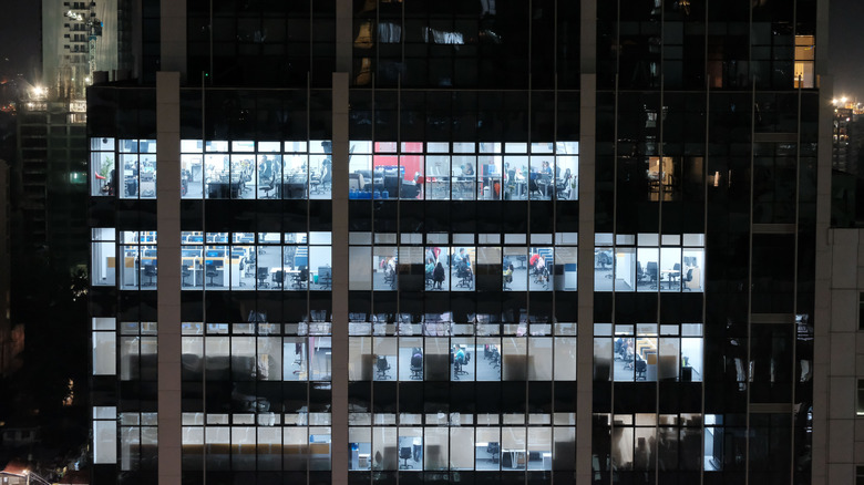Office building with multiple levels lit up