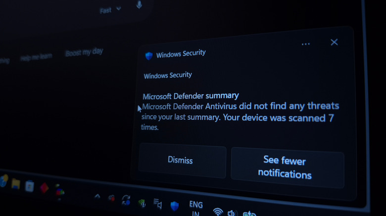 A close-up view of a Microsoft Defender antivirus notification on a Windows 11 PC.