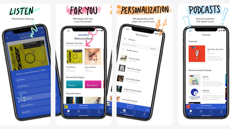 Screenshots of the Pandora app