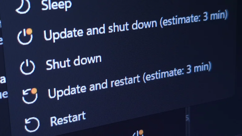 Close-up of the Windows power menu in Start menu, showing various update options.