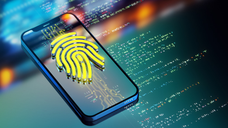 A graphic of a phone with a large, yellow fingerprint and circuitry on the screen