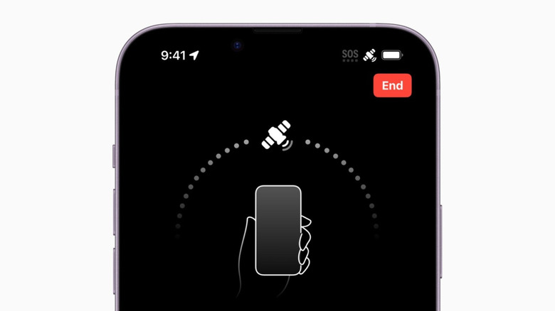 A black iPhone screen shows an SOS symbol in the top right corner, with instructions on how to connect to an Apple satellite to contact emergency services.