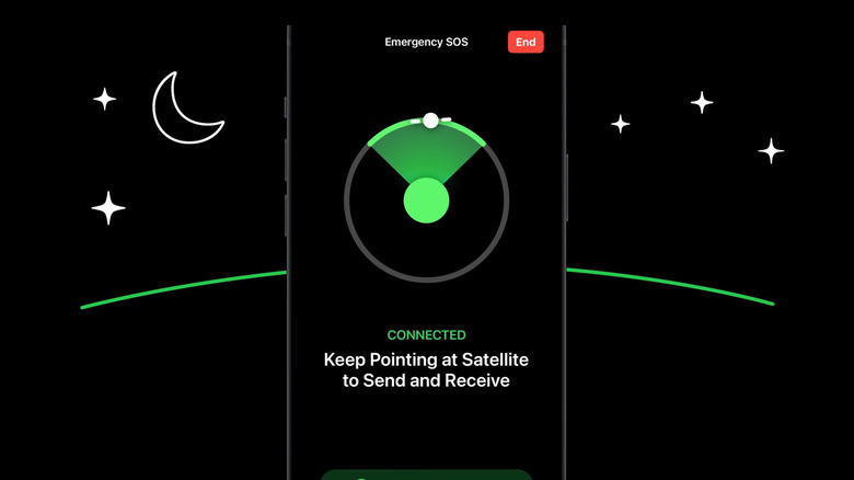 A black phone screen shows Emergency SOS services using Apple's FindMy application, with a drawing depicting stars and a moon in the background.