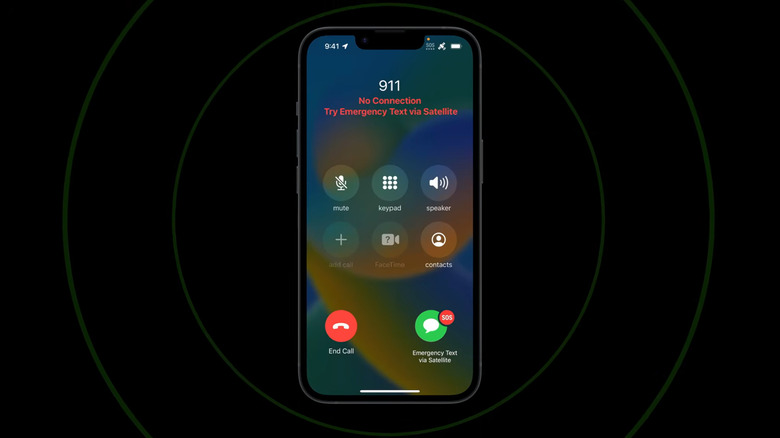 An iPhone, set against a black background, displays a 911 call with the words "No Connection" AND "Try Emergency Text via Satellite" in red.