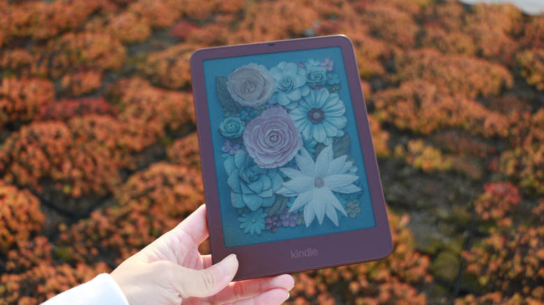 A Kindle Colorsoft Signature Edition held up against some autumn foliage.