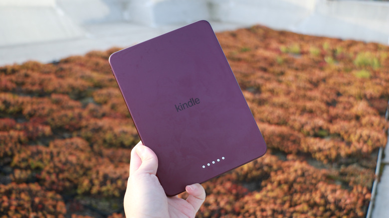 The fig Kindle Colorsoft Signature Edition with its back facing the camera, showing its pogo pins.