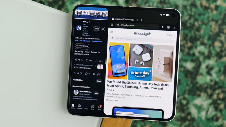 A Pixel 10 Pro Fold open and displaying two apps.