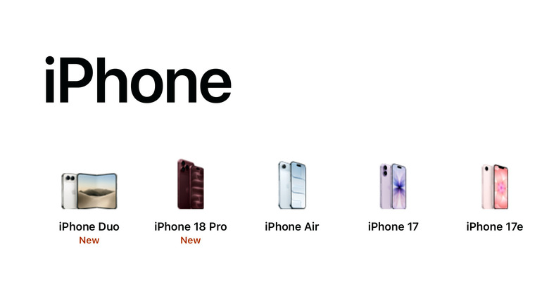 Screenshot of Apple's website, showing the current iPhone models: iPhone Duo, 18 Pro, Air, 17 and 17e.