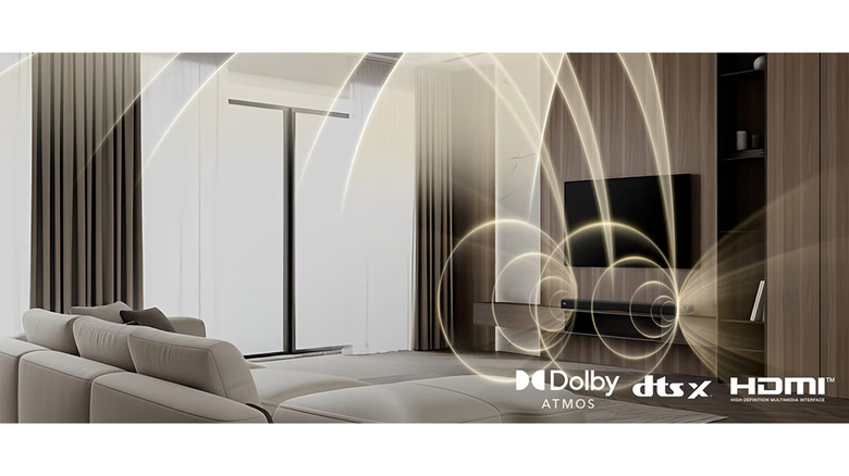 LG Sound Suite shown with Dolby Atmos, DTS:X and HDMI logos.