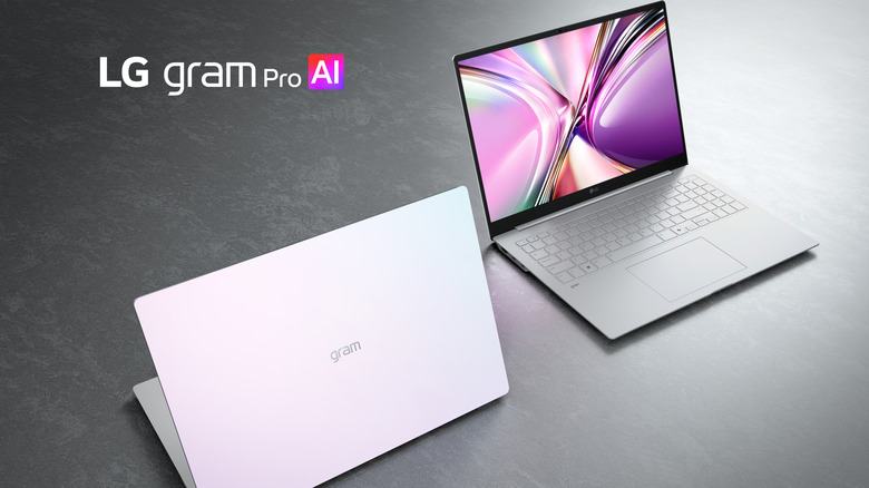 Marketing graphic: Two LG Gram Pro laptops, with the text 