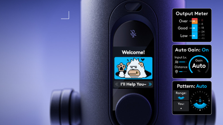Closeup of the LED display on the Yeti 2 mic, showing a Yeti mascot