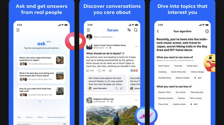 Screenshots of Meta's Forum app.