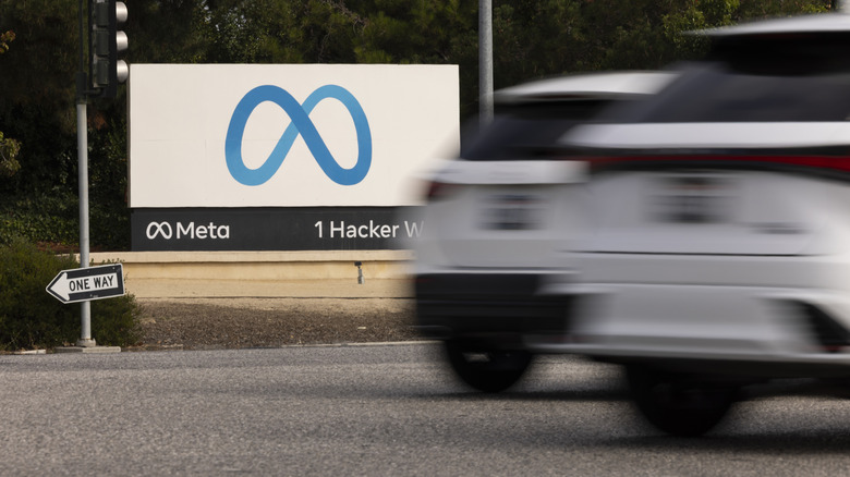 The Meta logo on a sign outside its corporate headquarters.