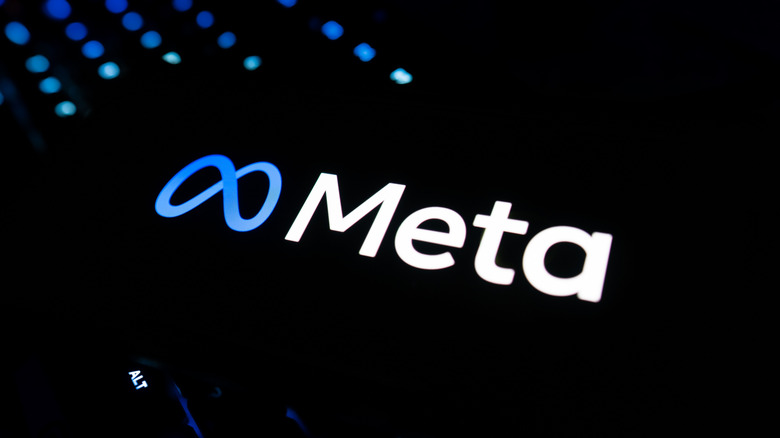 Photo of a smartphone displaying the Meta logo and name on a black screen.