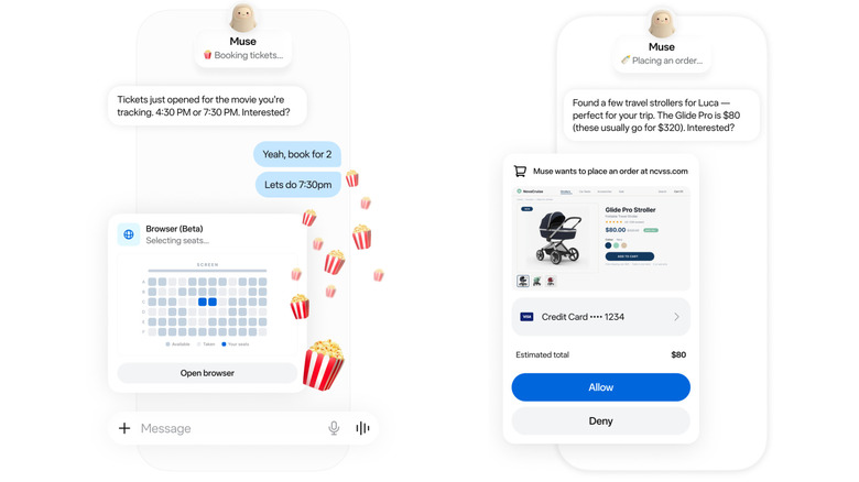 Screenshots of the new Muse app, ordering movie tickets and shopping for a stroller.
