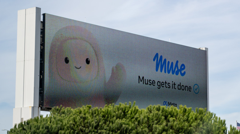 A billboard showing Meta's Muse mascot that says 