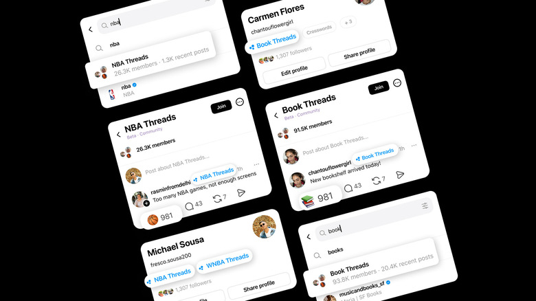 Screenshots of the communities feature in the Threads app, like 