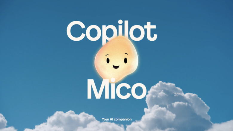 Illustration of a blue sky with white clouds at the bottom. In the center are the words Copilot Mico with a depiction of a cartoony yellow blob.