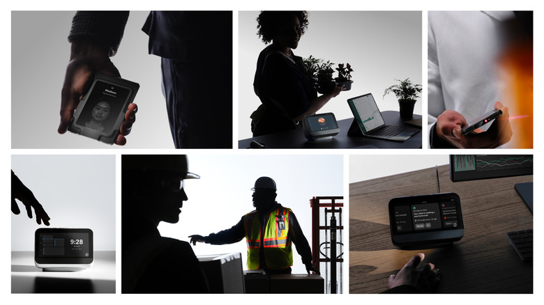 Several different images of people using Project Solara smart key badges and displays.