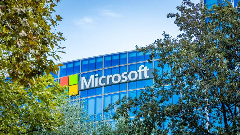 The Microsoft logo on a building.