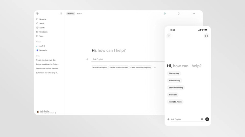 Screenshots of the redesigned Microsoft 365 Copilot app on desktop and mobile.