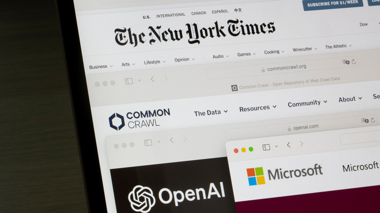 The New York Times website is shown with OpenAI and Microsoft tabs below