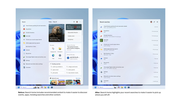 Illustration of the Windows 11 UI showing the before and after of changes coming to the Windows Search Box