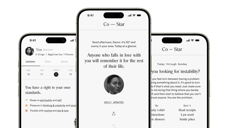 Three screenshots of the Co-Star app displaying charts and horoscopes