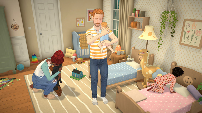 Two adults comfort small children in a nursey in the game Paralives