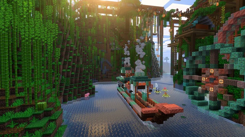A boat on water surrounded by foliage in a block-based virtual environment in Minecraft.