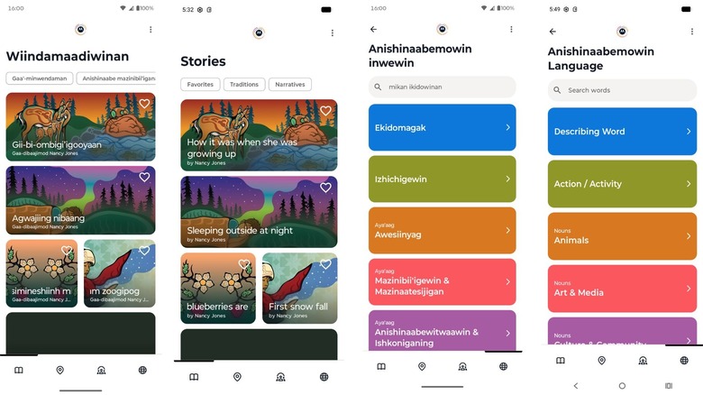 Screenshots showing both English and Anishinaabemowin language versions of the Indigenous Collections app
