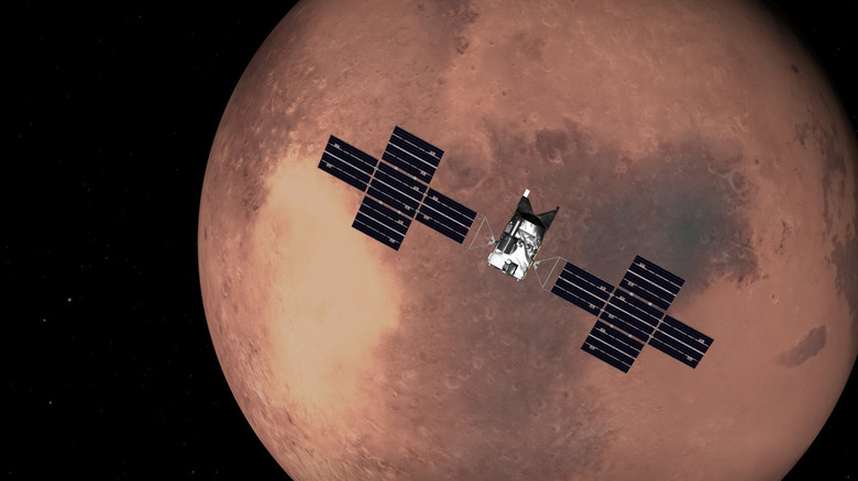 A computer render of a spacecraft and an asteroid.